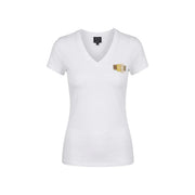 Armani Exchange women cotton v neck t shirt white with gold tone logo patch on left chest XW002321