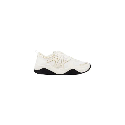 Armani Exchange women gold lace rubber sneakers in white with black rubber sole and metallic silver logo detailing