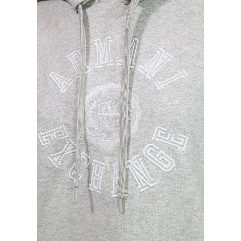 Armani Exchange women grey cotton hoodie sweatshirt with white embroidered logo and matching drawstrings