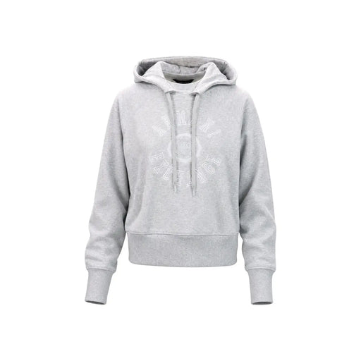 Armani Exchange Sweat à capuche gris en coton pour femme, avec un tissu légèrement texturé et un logo circulaire blanc brodé sur la poitrine.