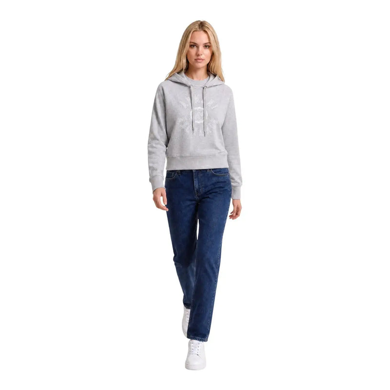Armani Exchange women grey cotton hoodie sweatshirt featuring a light gray hooded design with subtle front embroidery