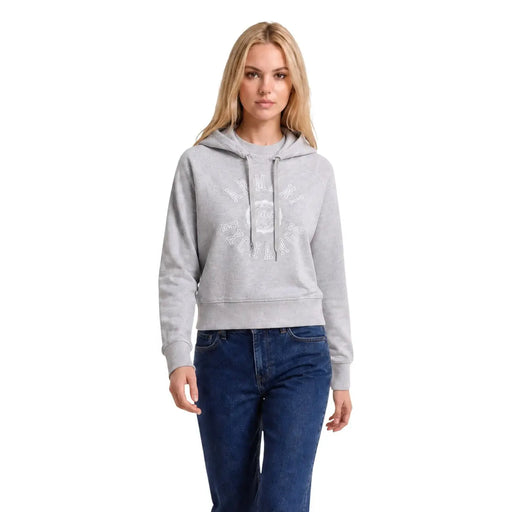 Armani Exchange Sweat à capuche gris en coton pour femme, avec logo circulaire blanc et cordons de serrage, idéal pour une tenue décontractée.