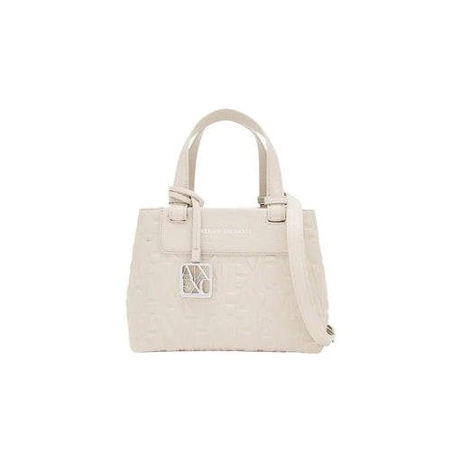 Armani Exchange Sac à main pour femme en cuir beige crème à la texture subtile et plaque logo argentée