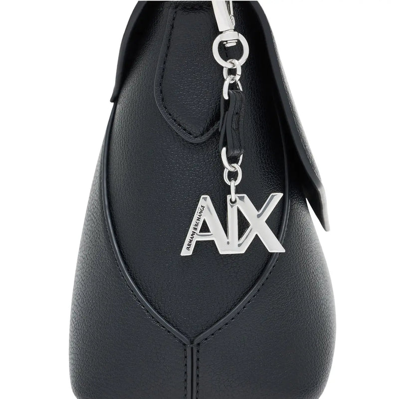 Armani Exchange women handbag black polyurethane with silver-tone ax logo charm hanging from top handle W28cm