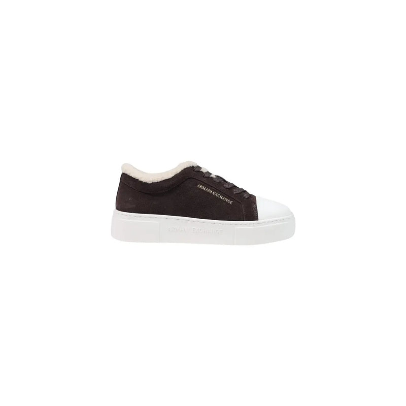 Armani Exchange women leather sneakers brown dark brown suede with white rubber toe cap sole and plush white collar lining