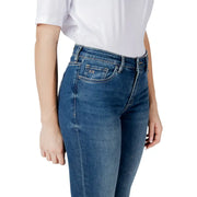 Armani Exchange women light blue cotton jeans with high-rise fit five-pocket design and subtle fading for a worn-in look