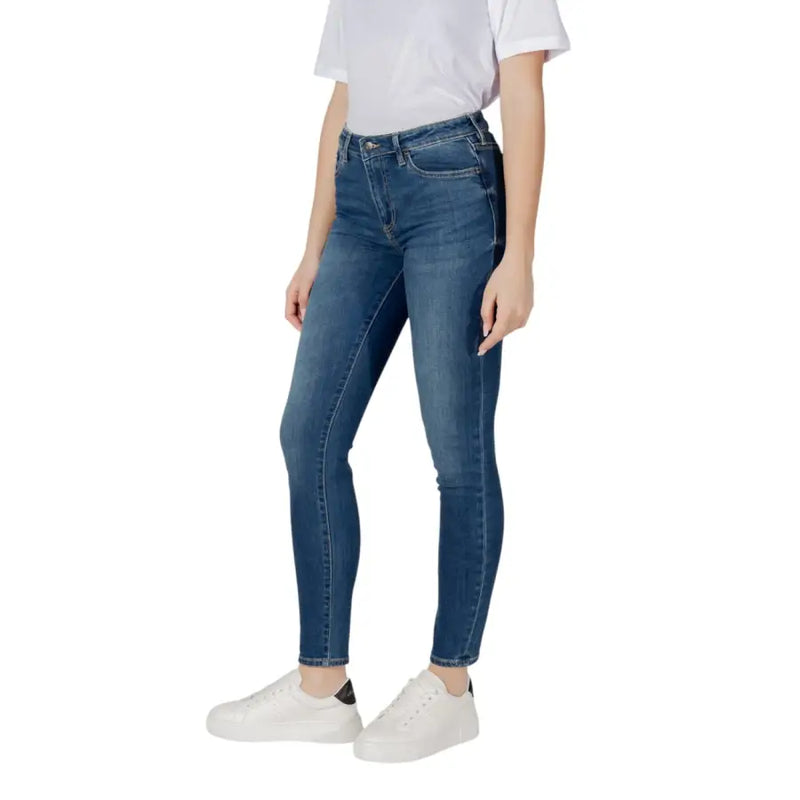 Armani Exchange women light blue cotton high-waisted slim-fit denim jeans with classic stitching and button fly