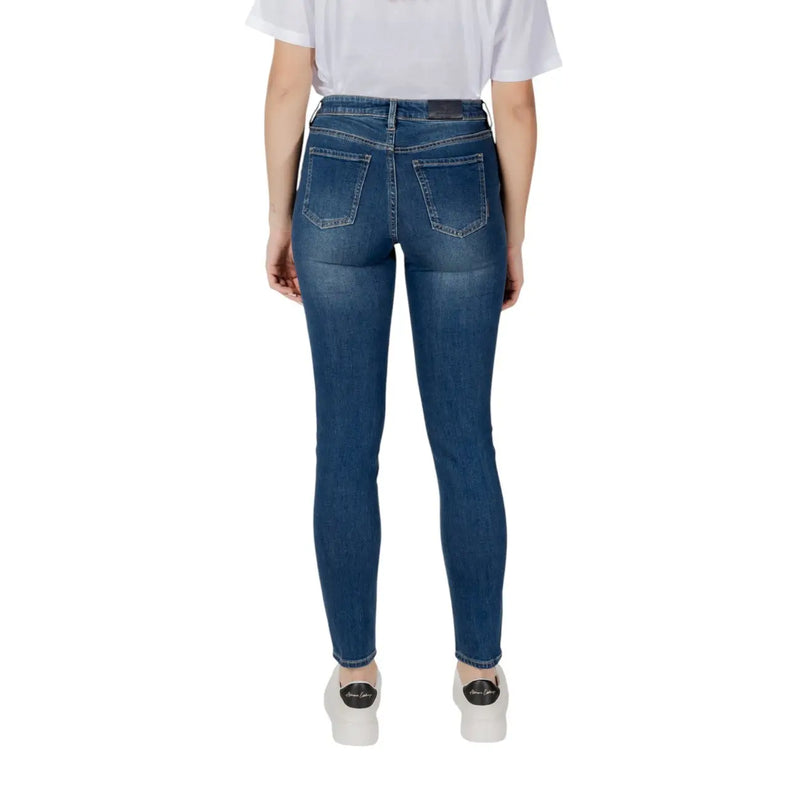 Dark blue slim fit denim jeans with classic back pockets shown from the back for Armani Exchange women