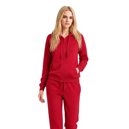 Armani Exchange Ensemble sweat-shirt à capuche et pantalon de jogging rouge pour femme, en polaire douce avec broderie discrète sur la poitrine.