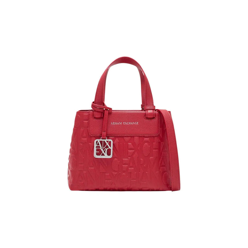 A vibrant red Armani Exchange women polyester handbag with embossed logo pattern and sleek top handles