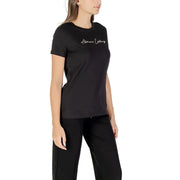 Armani Exchange women short black round neck cotton t shirt with white cursive logo for fall winter wear