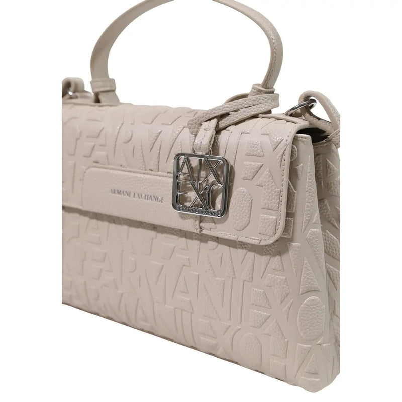 A cream-colored Armani Exchange women shoulder bag in beige polyester with embossed logo pattern and silver metal clasp