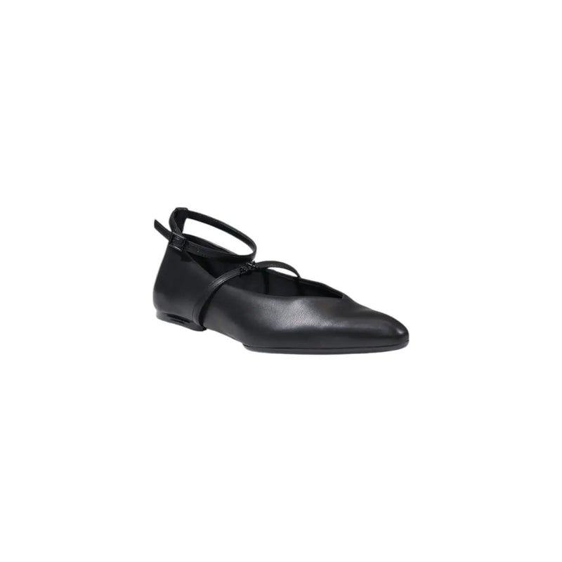 Armani Exchange women slip on black synthetic leather flat shoe with pointed toe and ankle strap