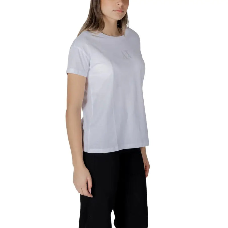 Armani Exchange women t-shirt white 100 percent cotton with short sleeves and subtle logo on left chest