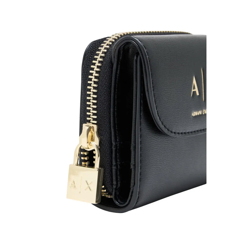 Armani Exchange Portefeuille femme en cuir noir zippé avec fermeture éclair, détails dorés et tirette de fermeture éclair style cadenas, 12 cm
