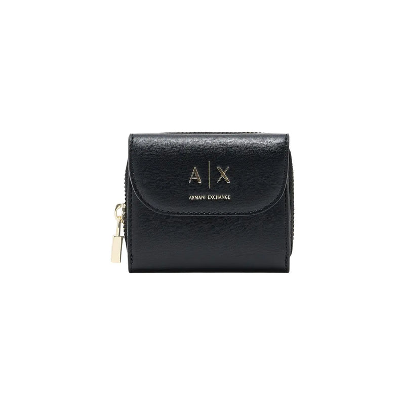 Armani Exchange Portefeuille femme en cuir noir avec fermeture éclair, logo et tirette dorés, format de poche 12 cm