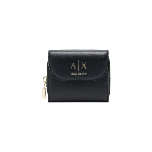 Armani Exchange Portefeuille femme en cuir noir avec fermeture éclair, logo et tirette dorés, format de poche 12 cm