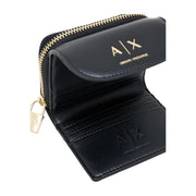 Armani Exchange Portefeuille femme en cuir noir zippé avec fermeture éclair dorée et tirette style cadenas, 12 cm