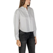 Armani Exchange women white cotton button-down shirt with sheer long sleeves and subtle chest logo