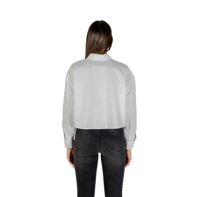 Armani Exchange women white cotton long sleeve button shirt featuring a sleek light gray satin blouse style
