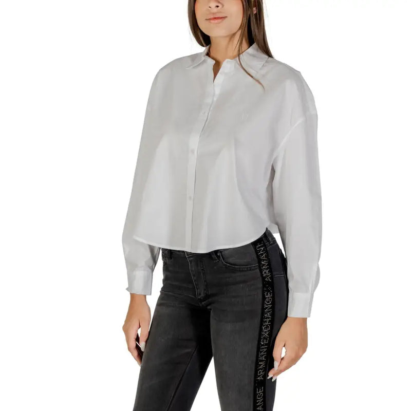 Armani Exchange women white cotton long sleeve button shirt with classic collar and subtle side seam detailing