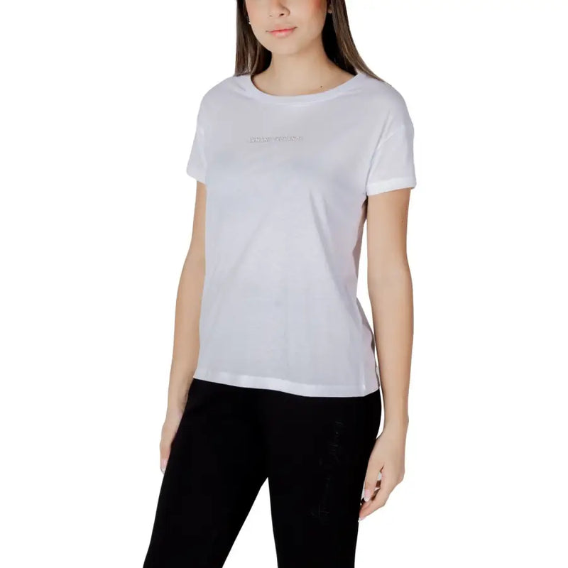 Armani Exchange women white cotton short-sleeved t shirt with subtle embroidered logo across the chest