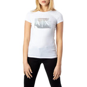Armani Exchange femme coton blanc t-shirt avec le logo de la hache en sequins argentés sur la poitrine