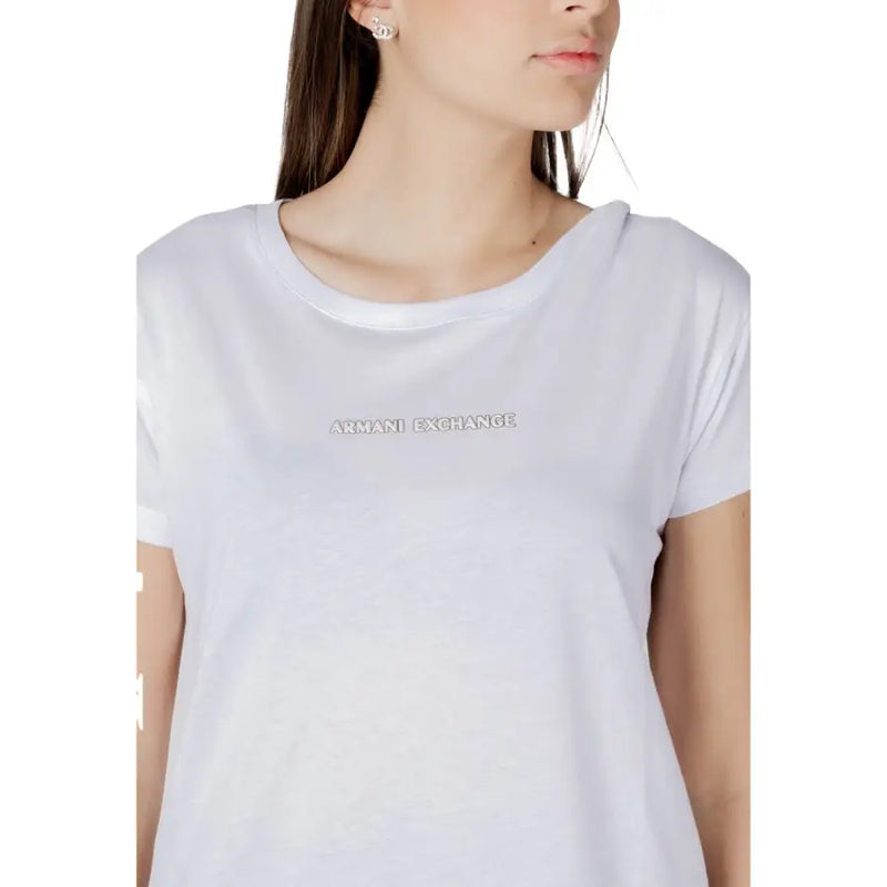 Armani Exchange women white cotton short-sleeved t shirt with subtle embroidered logo across the chest