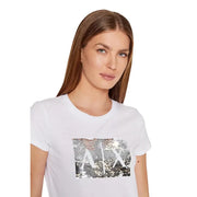Armani Exchange femme coton blanc t-shirt avec des manches courtes et un logo rectangulaire argenté à paillettes sur le devant