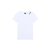 Armani Exchange T-shirt blanc en coton pour femme, col rond, avec logo et inscription noirs sur le col.