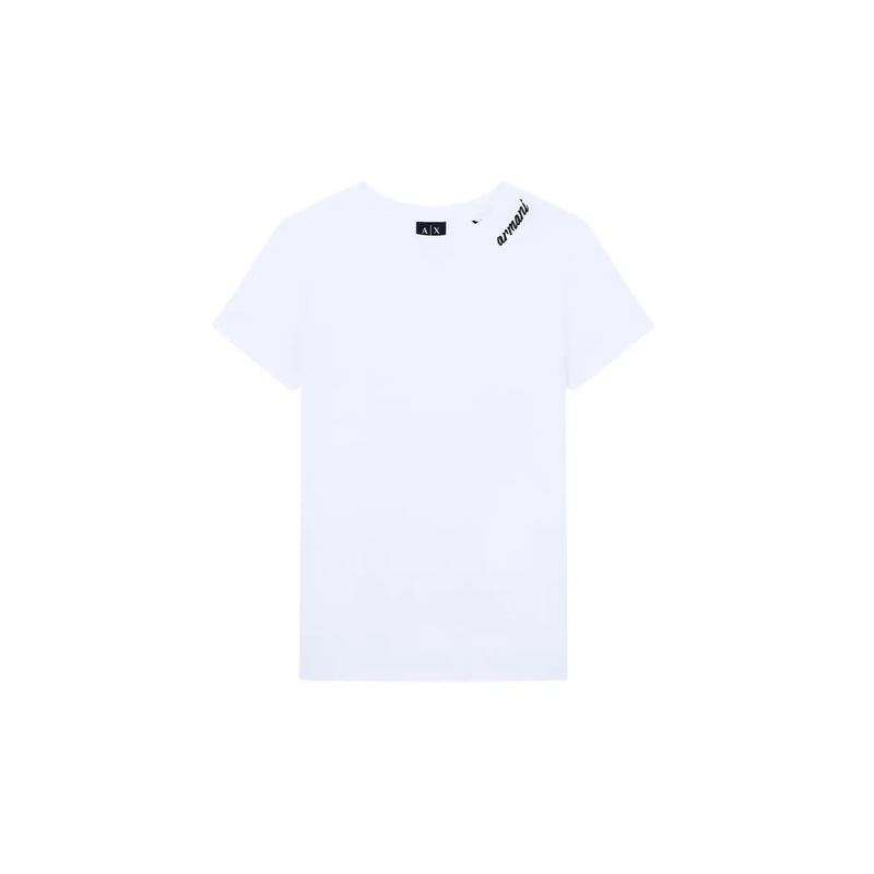 Armani Exchange T-shirt blanc en coton pour femme, col rond, avec logo et inscription noirs sur le col.