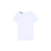Armani Exchange T-shirt blanc en coton pour femme, col rond, avec logo Exchange noir discret brodé près de l'encolure.