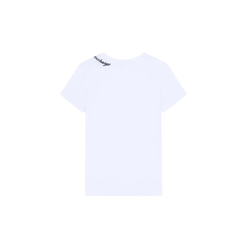 Armani Exchange T-shirt blanc en coton pour femme, col rond, avec logo Exchange noir discret brodé près de l'encolure.