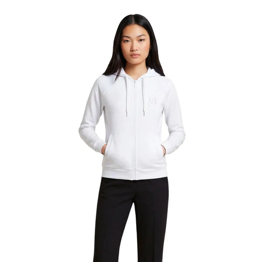 Armani Exchange Sweat-shirt à capuche blanc pour femme avec logo discret sur la poitrine, fermeture éclair sur le devant et cordons de serrage assortis.