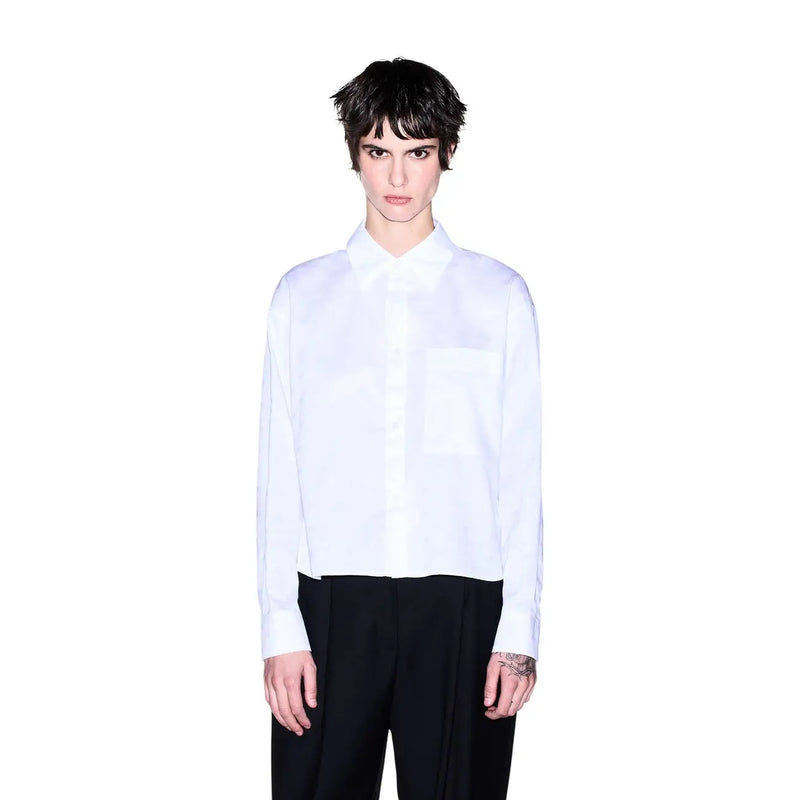 Armani Exchange women white long classic cotton shirt with long sleeves, button-up front, classic collar, and chest pocket