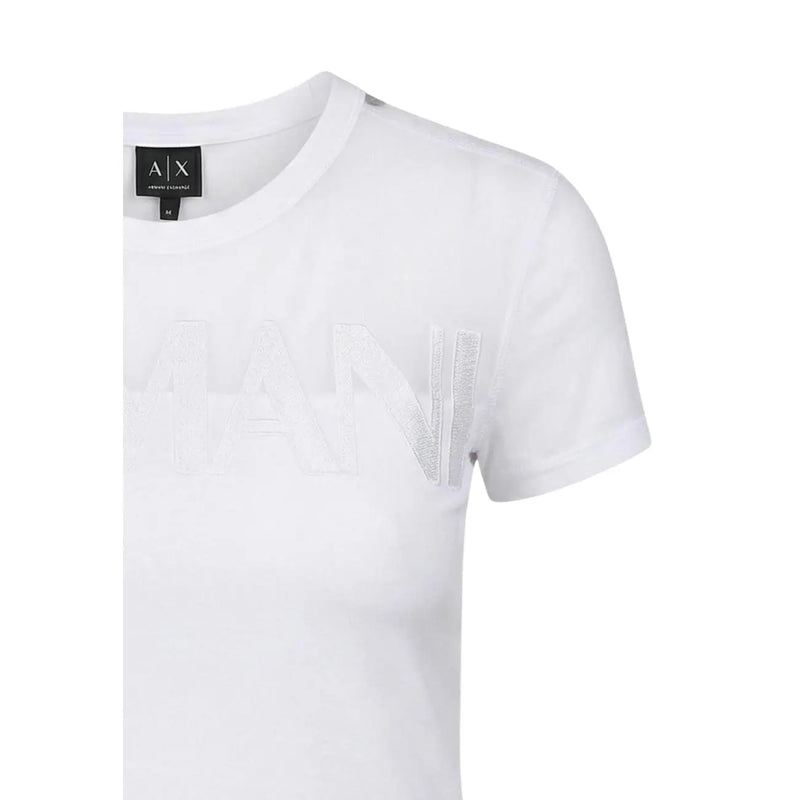 Armani Exchange femme en coton blanc à col rond top avec un logo hache subtilement texturé brodé sur la poitrine
