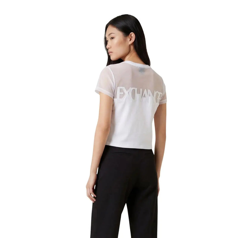 verso de armani exchange femme en coton blanc à col rond top crop top à manches courtes en maille blanche transparente top avec des lettres d'échange