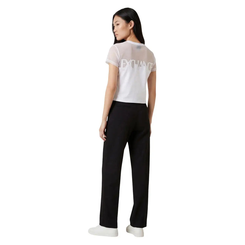 Armani Exchange femme en coton blanc à col rond top avec une superposition de maille transparente et un imprimé argenté au dos