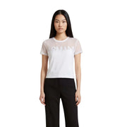 Armani Exchange femme en coton blanc à col rond top avec le logo Armani blanc et des manches et un corps en maille transparente