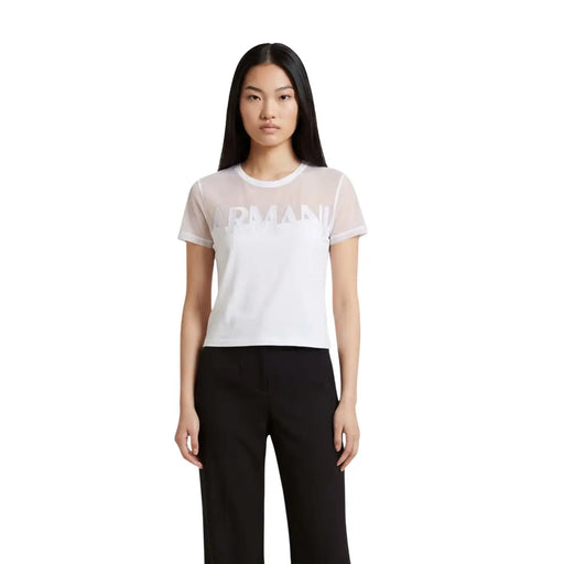 Armani Exchange femme en coton blanc à col rond top avec le logo Armani blanc et des manches et un corps en maille transparente