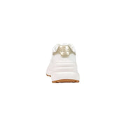 Armani Exchange women white slip on polyurethane sneaker with metallic gold heel tab and tan rubber sole viewed from back