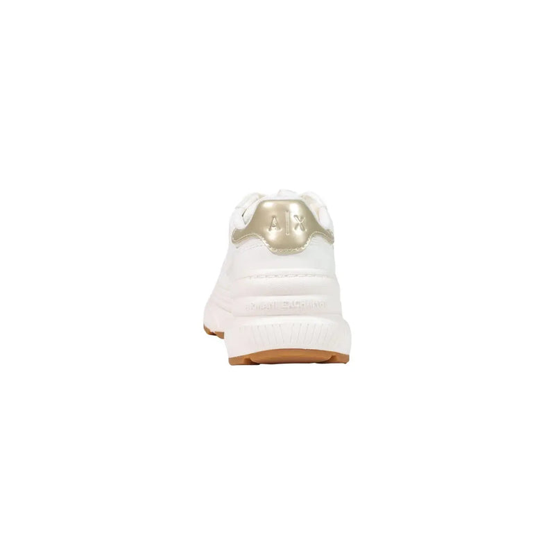 Armani Exchange women white slip on polyurethane sneaker with metallic gold heel tab and tan rubber sole viewed from back