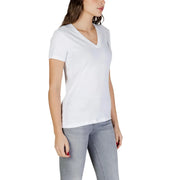 Armani Exchange women white v neck cotton t shirt with small embroidered logo on the left chest