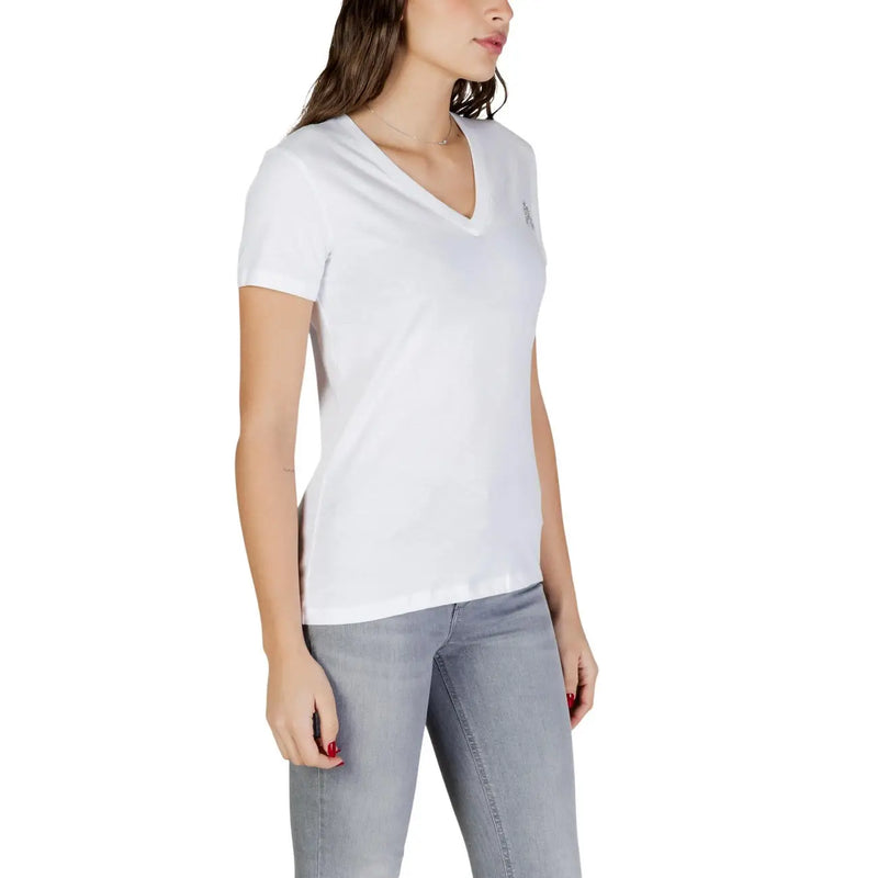 Armani Exchange women white v neck cotton t shirt with small embroidered logo on the left chest