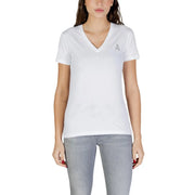 Armani Exchange women white cotton v neck t shirt with a small sparkling embroidered logo on the left chest