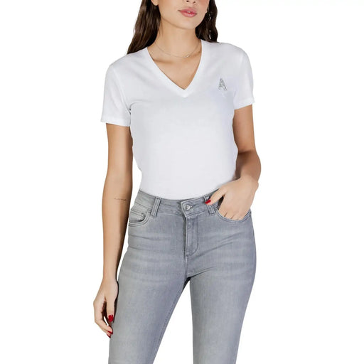 Armani Exchange T-shirt blanc en coton pour femme, col en V, manches courtes et petit logo brodé sur la poitrine gauche