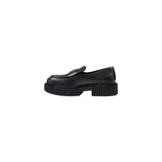 Armani exchange women’s black leather moccasin slippers with chunky ribbed sole and loafer design