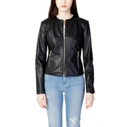 Armani Exchange Blouson aviateur noir en similicuir pour femme avec fermetures éclair argentées