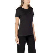 Armani Exchange womens black short-sleeved cotton tee with subtle rhinestone embellished logo on the chest