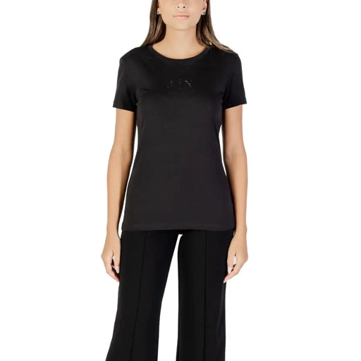 Armani Exchange womens black cotton tee with short sleeves and a subtle sparkling logo on the chest